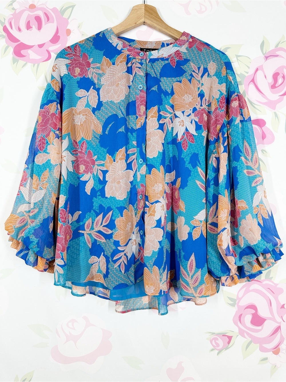 Fate Blue Pink Floral Tropical Button-Front Blouse with Puff Sleeves M